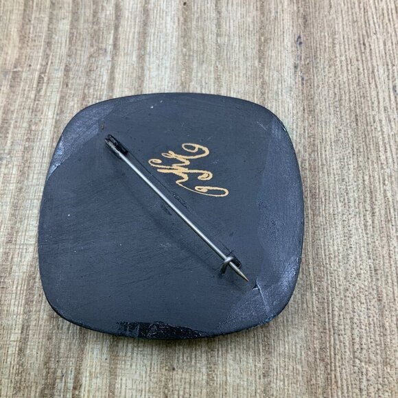 Russian Vintage Square Hand Painted Floral Themed Brooch Pin - Picture 6 of 8